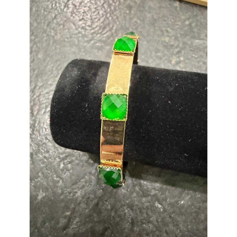 Panoply Jewelry Green Gemstone Brass Bangle Bracelet Gold Tone Square Faceted